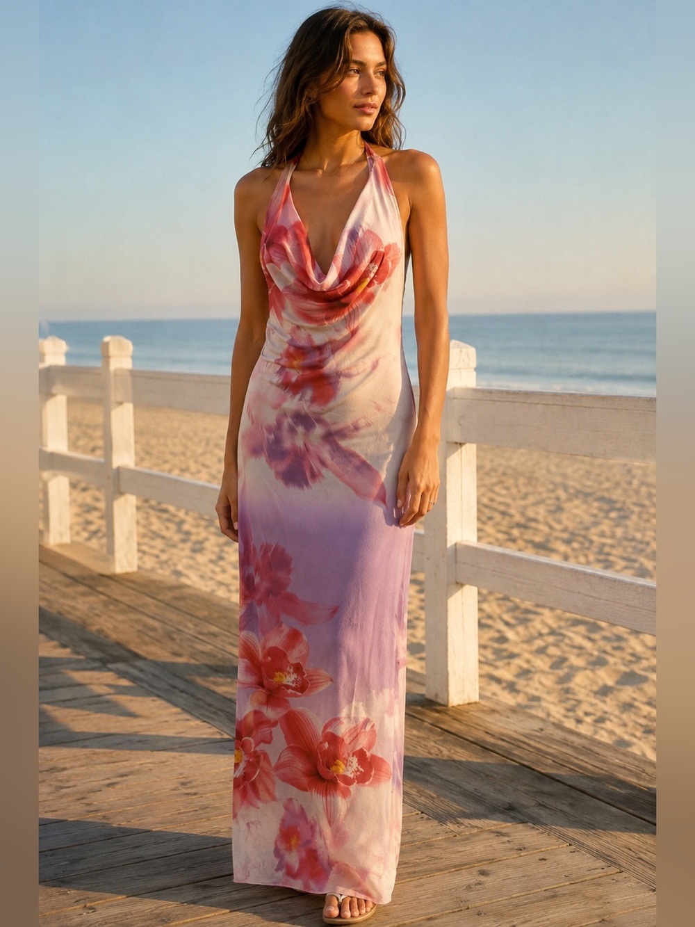 Dreamy Orchid Floral Open-Back Halter Maxi Dress